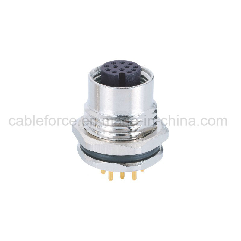 M12 12 Pin Female Panel Mount Connector with PCB Contacts Front Mounting