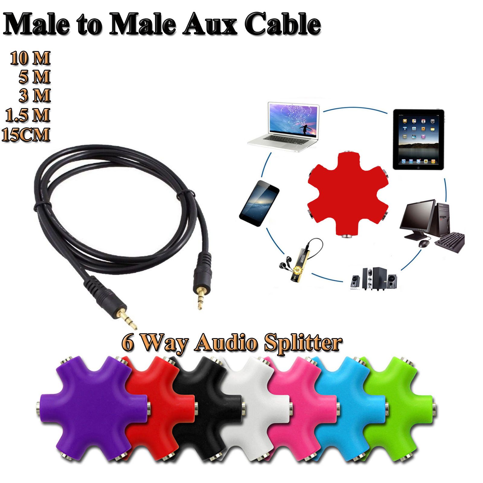 5-Way 1 Set of Input to 5 Output Splitter 3.5 mm Stereo Headphone Splitter Stereo Audio Multi-Port Headphone Splitter Music Sharing Device for All Stereo