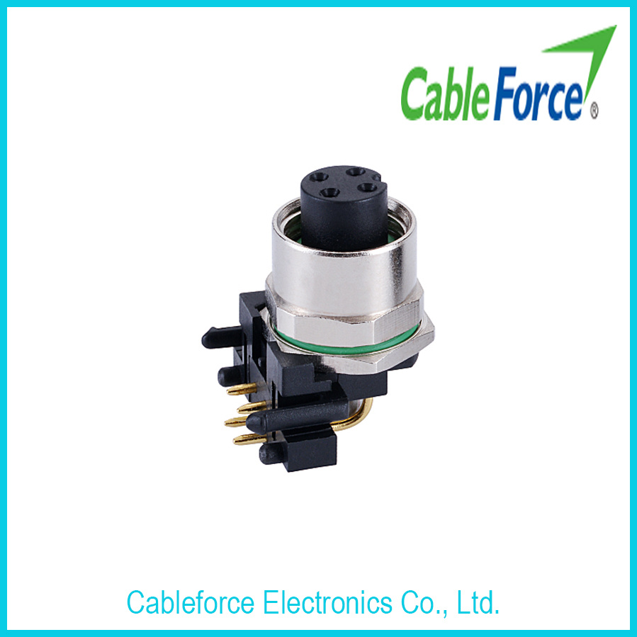 M12 4pin Female Panel Mount Connector with Angled PCB Contacts for Labeling and Packaging