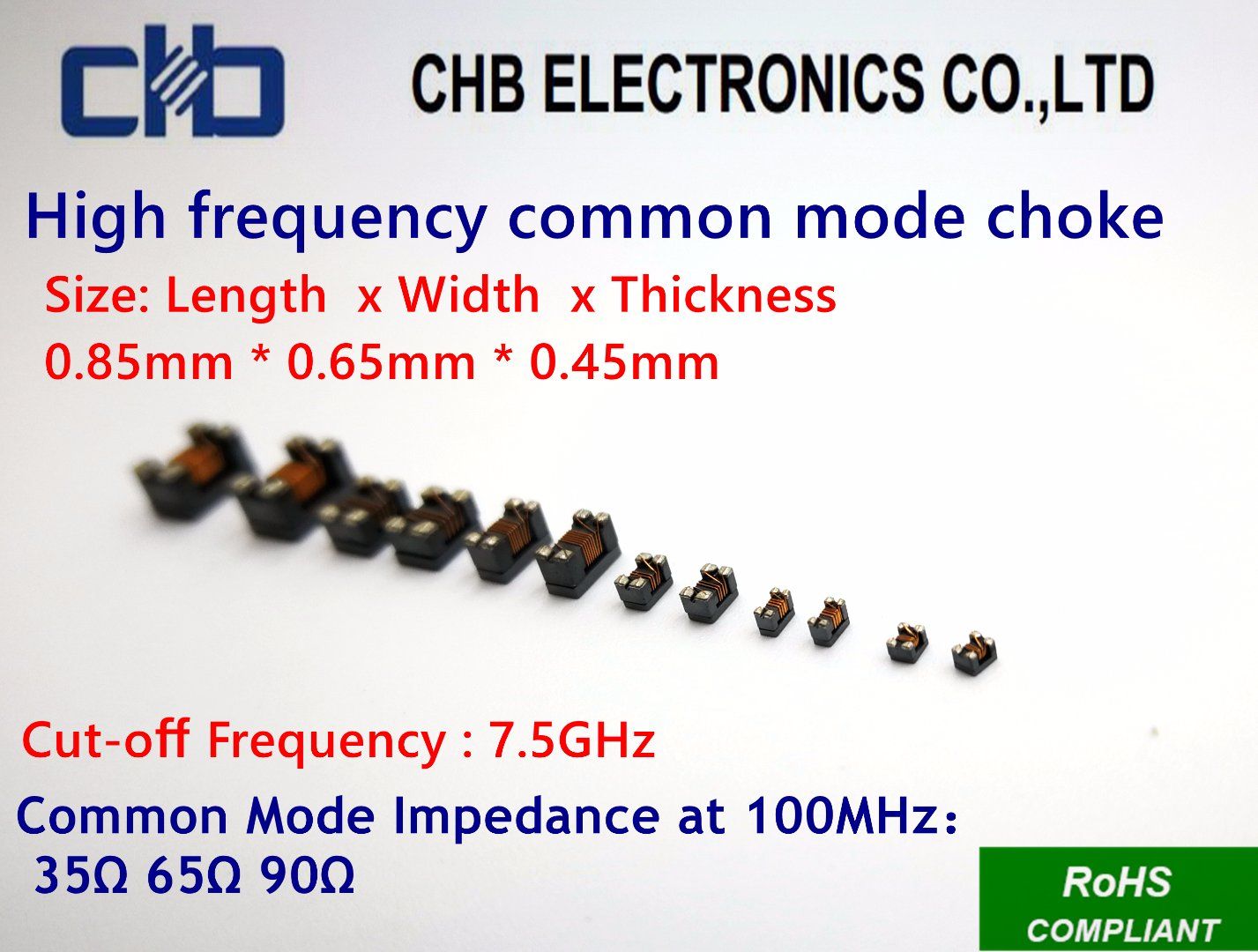 High-Frequency Common-Mode Choke for USB3.0/HDMI 1.4 Cat2, Impedance~65ohm at 100MHz, Size: 0.85mm * 0.65mm * 0.45mm (inch-03025)