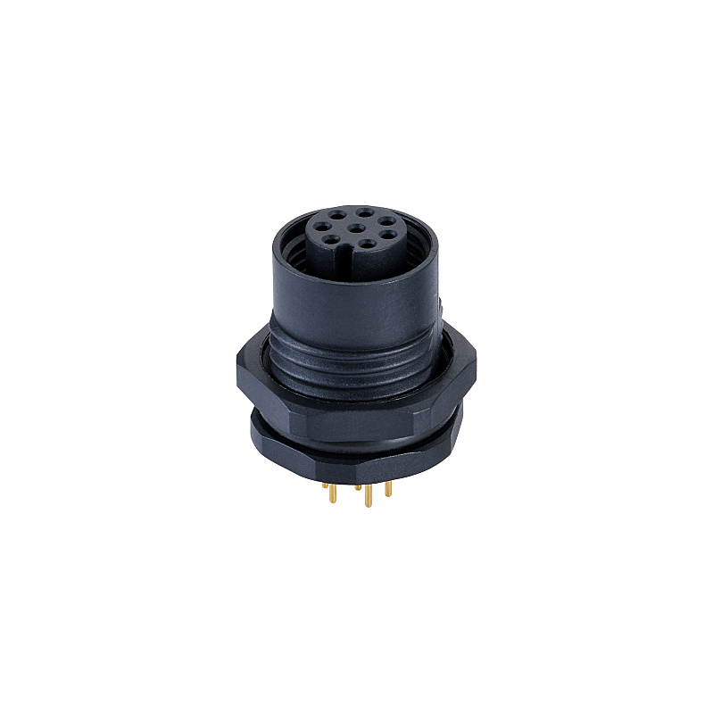 M12 8pin Female PCB Contacts Front Panel Mounting Connector with Plastic Screw