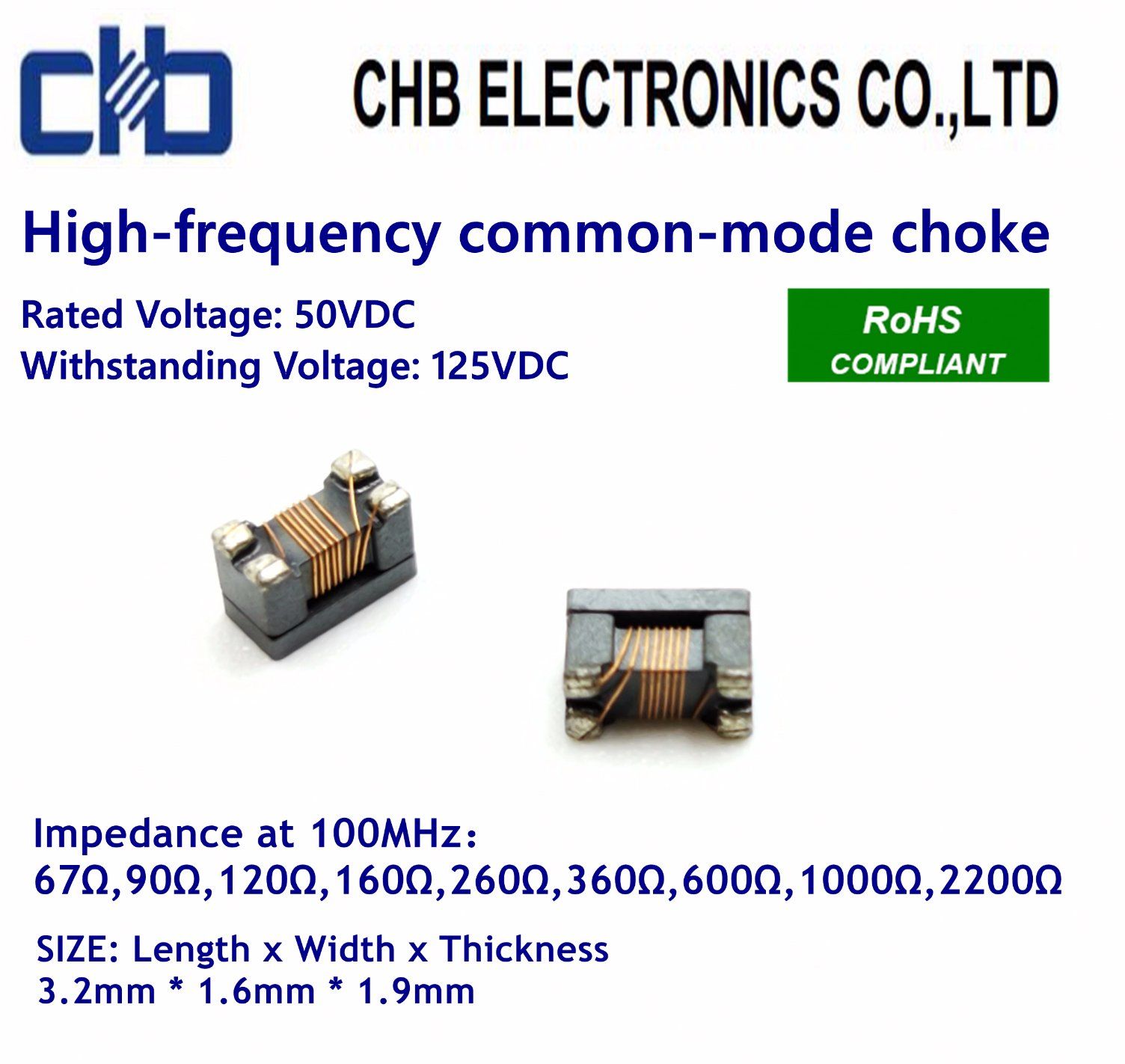 High-Frequency Common-Mode Choke 3216 (1206) for USB2.0/IEEE1394 Signal Line, Impedance~2200ohm at 100MHz, Size: 3.2mm * 1.6mm * 1.9mm