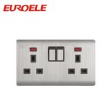 Light Indicator Sliver Stainless Steel 2 Gang Switched Socket