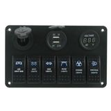 6 Gang LED Car Rocker Switch Panel 2 USB Socket Power Plug Charger Voltmeter