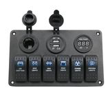 6 Gang Rocker Switch Panel with Digital Voltmeter+12V Power Socket +Double USB Power Charger Adapter Waterproof Blue LED Backlight for Car Trailer Marine Boat