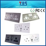 Brushed Stainless Steel UK Type Double Socket + 2 X USB Charging Outlet with White Trim