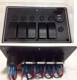 5 Gang LED Aluminum Car Boat Marine Dual USB Ports & Rocker Switch Panel
