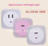 CE/RoHS Optical Sensor LED Night Lamp with Two USB Sockets