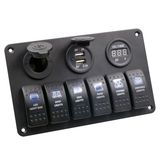 Digital Voltmeter 12V Cigarette Socket Double USB Power Charger Adapter Flush Mount Waterproof 6 Gang Rocker Switch Panel Black for RV Car Boat