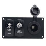 Aluminum 5pin 2 Gang Rocker Switch Panel + 12V Cigarette Socket with Blue LED Light Indicator for Boat Marine/Car
