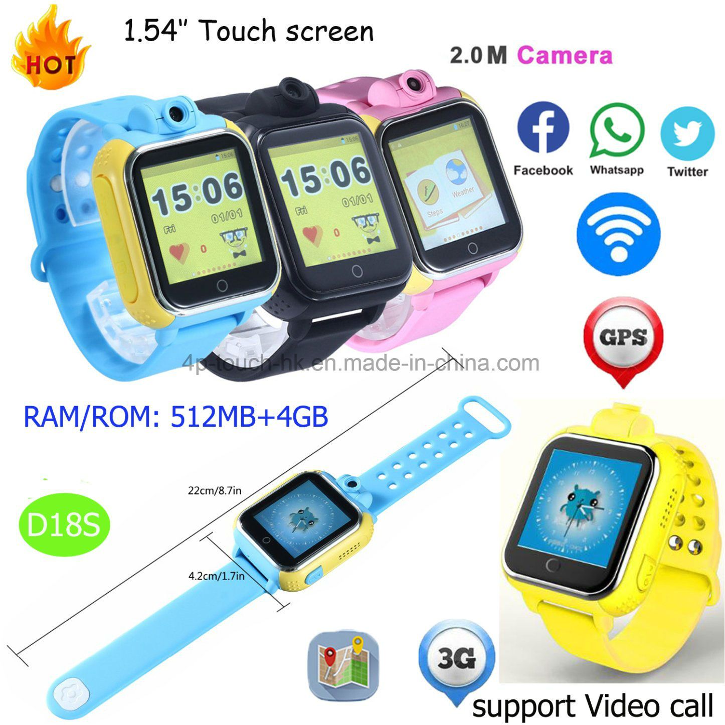 4GB Memory 3G/WCDMA Network GPS Watch Tracker (D18s)