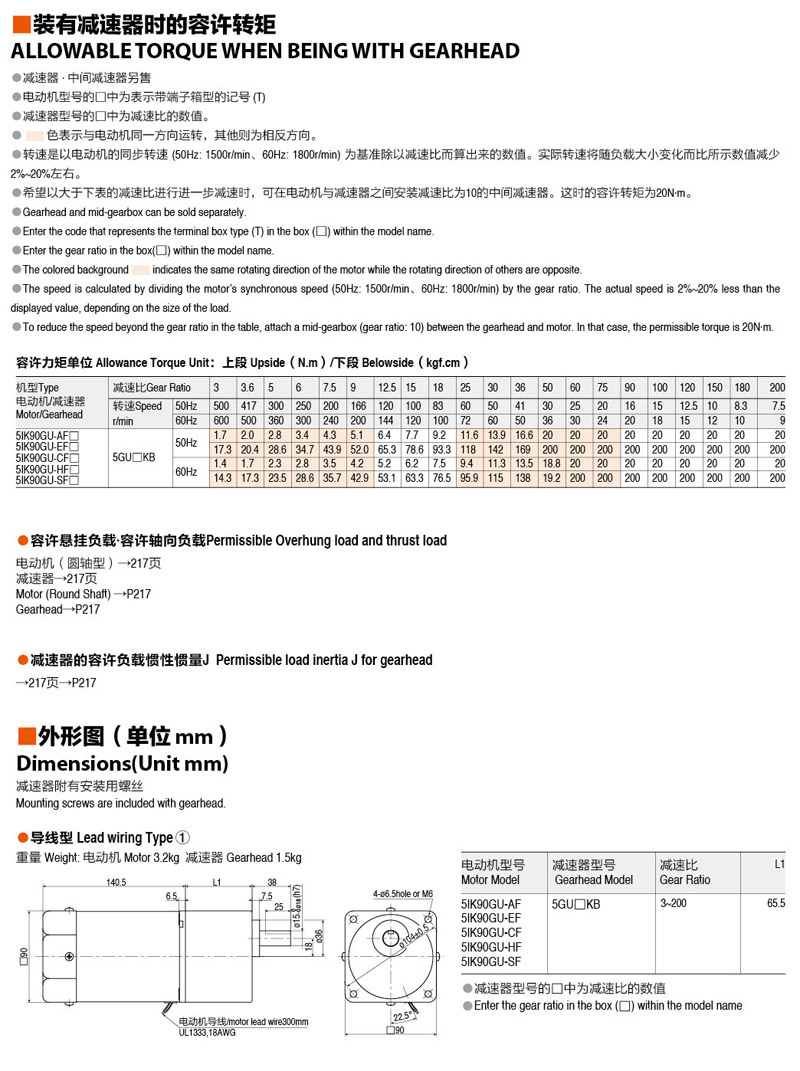 90W 90mm Mirco AC Gear Motor