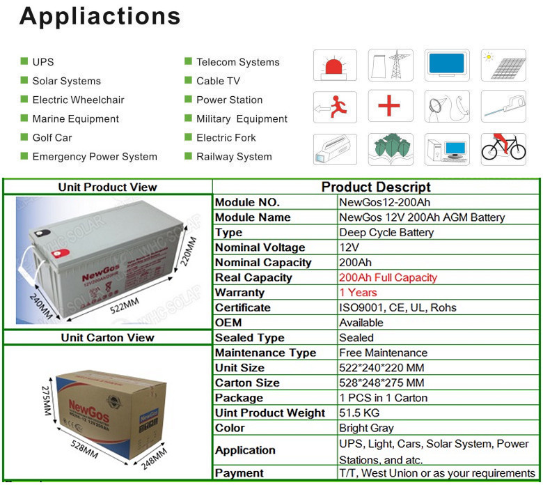 Deep Cycle Lead Acid Battery 12V 200ah Solar Battery