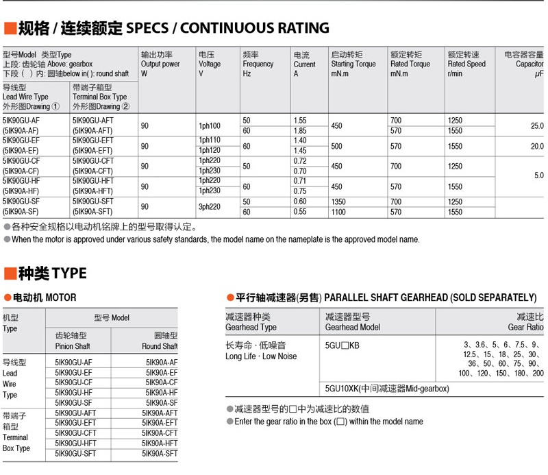 90W 90mm Mirco AC Gear Motor