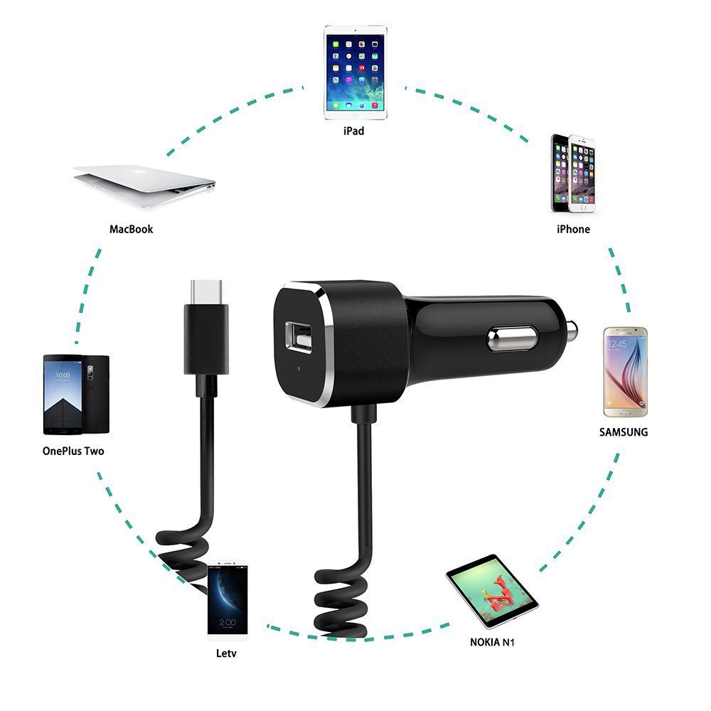 5.4A Car Charger Adapter with Integrated Built-in Type-C 3.1 Cord
