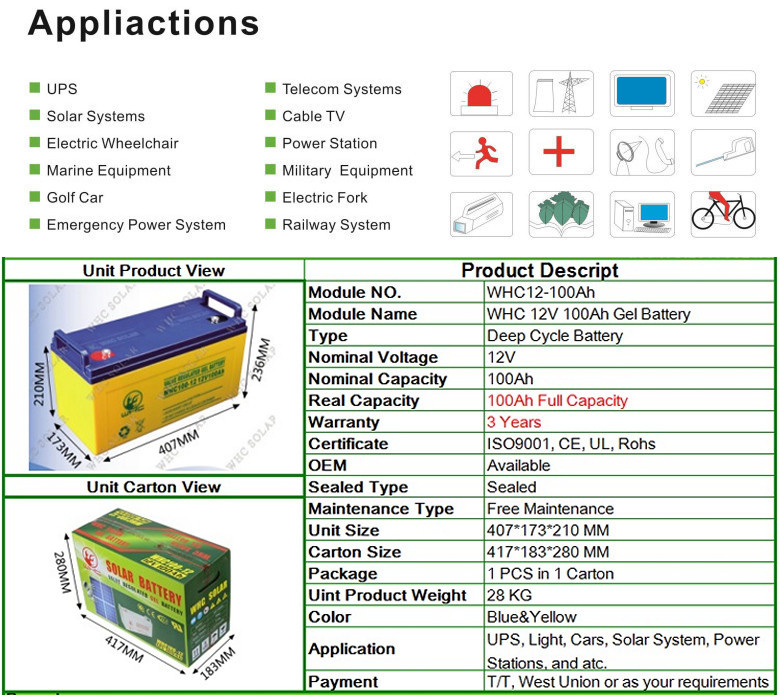 Whc 100ah Solar Cell Gel Battery Maintenance Free UPS Battery