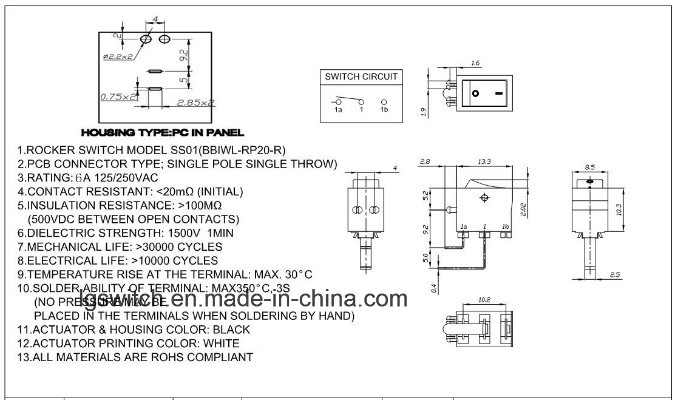 Subminiature 2 Position Rocker Switch 3A250VAC