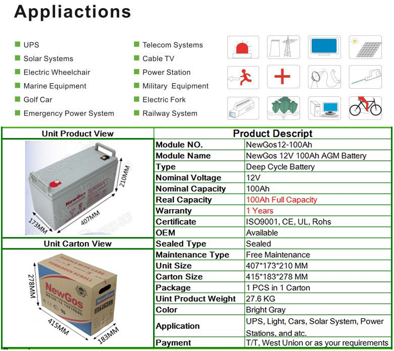 Newgos 12V 100ah Solar Battery Deep Cycle Lead Acid Battery