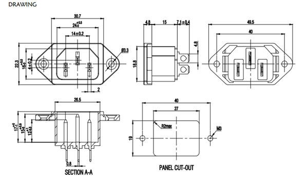 Omsol Male IEC-C14 to Female 3 Pin AC 240V Power Socket