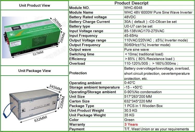 Whc 6000W Pure Sine Wave Solar Power System Inverter